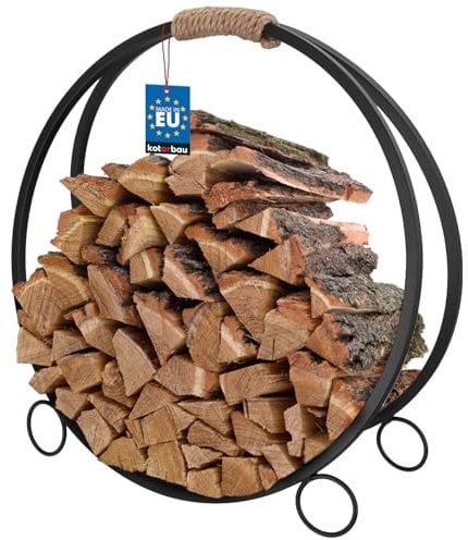 KOTARBAU® Holzkorb für Kaminholz - 59 x 22,5 x 61 cm - Kaminholzregal für innen & außen - Rund - ⌀ 59 cm - Holz Tragekorb - mit Griff - Metall Korb für Kaminholz - Dekorativ - Stahl - Schwarz