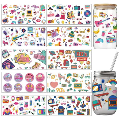 GOMAKERER 10 Blatt UV DTF Cup Wraps Bunte Disco UV DTF Cup Wraps 80. Party 90. Geburtstag UV DTF Transferaufkleber Für 16 Unzen Glasbecher Milchteetassen Becher Behälterdekor