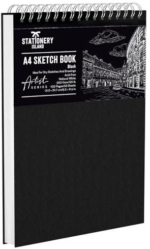 STATIONERY ISLAND Skizzenbuch A5 200 g/m² Zeichenblock 100 Seiten (50 Blatt) Spiralgebundenes Skizzenblock Zeichenpapier Zeichnungen, Skizzen für Künstler und Profis