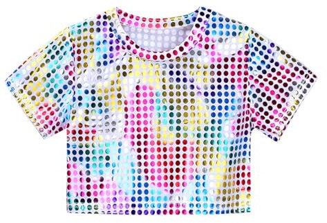 Karneval Kinder Pailletten T-Shirt Kurzarm Glitzer Shirt Rundhals Kinder Top glänzendes Oberteil Jungen Mädchen Festliches Tanzshirt Bequemes Kinder T-Shirt Glitzer Oberteil (5-6 Years)