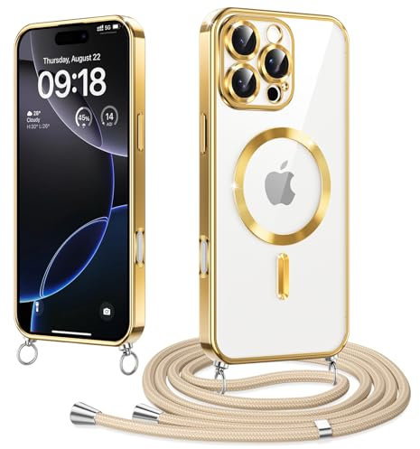 Woijrly Magnetische Handyband mit Band für iPhone 16 Pro Max Hülle, [Kompatibel mit Magsafe] Handyhülle Case mit justierbarer Schnur Abnehmbar Strap, Crossbody Schutzhülle zum Umhängen, Gold