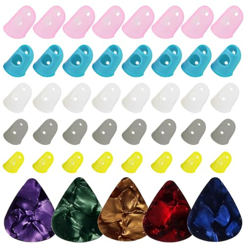 DWFEYOI Gitarre Fingerschutz, 40 Stück Gitarre Fingerkuppenschutz 5 Größen Fingerschutz Silikon Bunt Finger Sleeves für Gitarre Ukulele Bass Nähen Sticken,gitarren zubehör,ukulele kinder