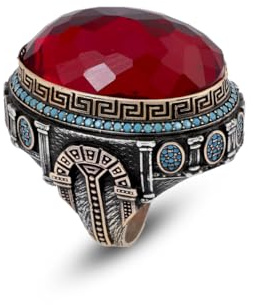 Jewellery Pit - Granat und Mikro-Türkis Stein Osmanischer 925 Sterling Silber Herrenring, Gravierter Edelsteinring, Großer Klobiger Verlobungsring, Handgemacht, Vintage, Mit Adeau Silberputztuch (68)