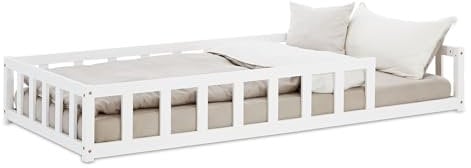 Homestyle4u Bodenbett 90x200 Weiß Montessori Holzbett Kinder Matratze Kinderbett mit Rausfallschutz Lattenrost