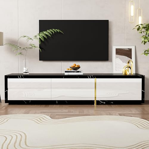 FAYICIC Mobile TV con lunghezza variabile (140-260 cm), funzione girevole, effetto marmo nero, finitura opaca bianca e oro (A)