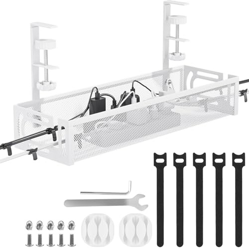 Cable Management, Under Desk Cable Management No Drill, Metal Cable Organiser with Clamp for Standing Desk, Cord Organiser for Home Office, White