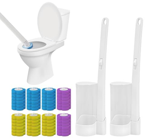 2 Pcs Toilet Cleaner Brush and 48 Pcs Disposable Head, Disposable Toilet Brush with Cleaning Liquid, Wall Mounted Cleaning Wand System for Toilet, Wash Basin, Bathtub (Lemon + Lavender + Ocean Scent)