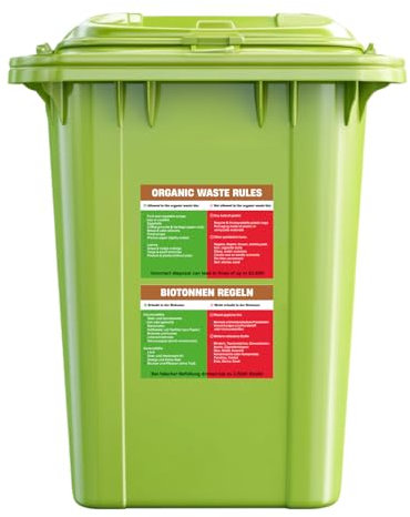 PrintAttack P028 Biotonnen Aufkleber 2er Set – Mülltrennung Hinweis wetterfest – Bioabfall richtig entsorgen – Bußgeld vermeiden – Deutsch/Englisch (Variante 2 Tonnen Regeln)