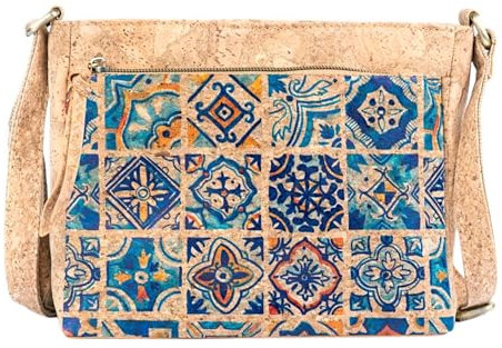 DeCarbonize Crossbody Handtasche aus Kork Veganleder Nachhaltig Damen Umhängetasche (Azulejos 2)