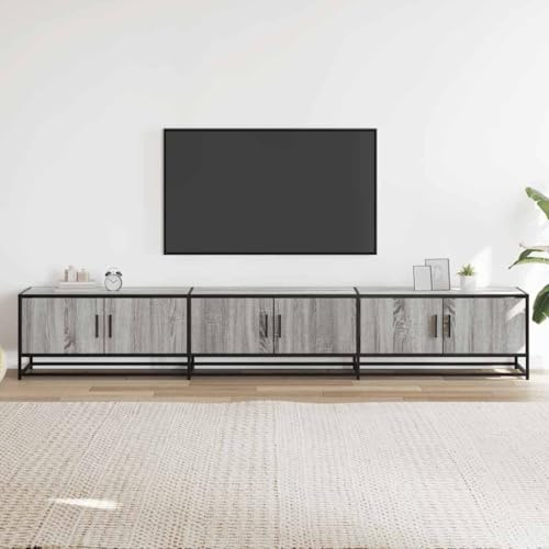 Homvdxl Wide TV Stand for up to 100 TVs, 240cm Triple TV Unit with 6 Doors Cabinet, Large TV Entertainment Center for Living Room, Bedroom, Dining Room, Metal Frame (Grey+Oak)