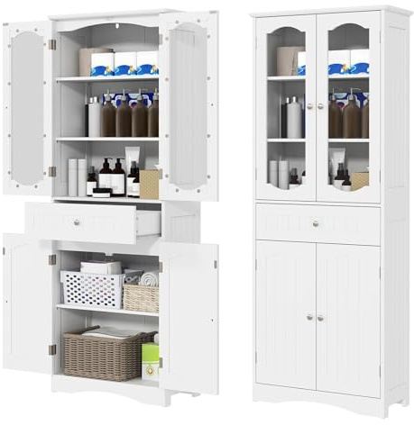 GIANTEX Badezimmerschrank mit Schublade und 4 Türen | Hochschrank mit verstellbaren Ablagen, 60 x 30 x 160 cm, Aufbewahrungsschrank für Badezimmer, Flur, Küche & Wohnzimmer (Weiß)