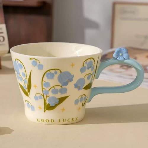 Huiyiwert Porcelain Flower Cup Cute Coffee Cup 350 ml Porcelain Coffee Mug with Floral Pattern Breakfast Cup Milk Mug Latte Cup with Handle Dishwasher Safe (Blue)