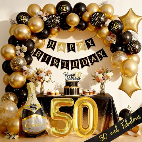 Deko 50 Geburtstag Mann Frauen, Geburtstagsdeko 50, Schwarz Gold Deko mit Happy Birthday Girlande, Luftballon 50 Männer Geburtstag Dekorationen