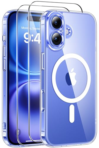Qasyfanc Magnetic for iPhone 16 Case with 2 Tempered Glass Screen Protector, Compatible with MagSafe, Full Camera Protection, [Anti-Yellowing] Shockproof Protection Phone Case, Clear