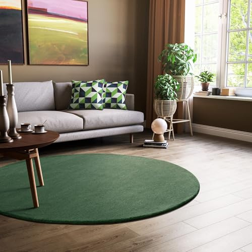 Steffensmeier Gabbeh Teppich Jaipur | 100% Schurwolle | Wohnzimmer | Schlafzimmer | Handtuft | Dunkelgrün | Rund Ø 200 cm