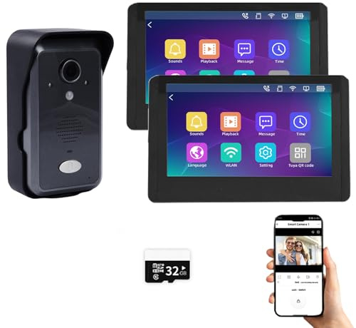 Wireless Video Intercom Apartment System Wire Free1080P HD Doorbell Camera 7 Inch Touch Screen Monitor with Motion Detection TUYA APP for Home Apartment Villas,No Monthly Fees (1 doorbell + 2 monitor)