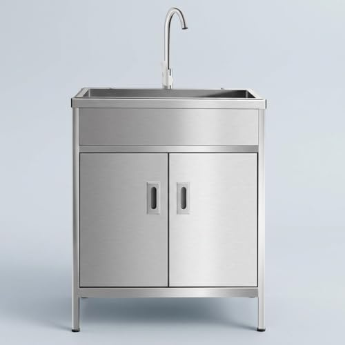 Lavandino da Esterno in Acciaio Inox con Mobiletto e Rubinetto, Lavello Cucina Esterna Autoportante, Lavatoio Professionale da Cucina per Giardino, Garage e Barbecue(60x45x80cm)