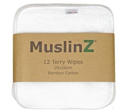 MuslinZ 12PK Tücher Bambus-Baumwolle Mix Terry Tücher 20x20 cms Gesicht Tuch waschbare Wiederverwendbare Baby (weiß)