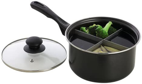 4-Way Divided Saucepan – Durable Carbon Steel Pan with Removable Divider Cookware Accessories – 20cm Dia All in One Pot 1L Capacity Ideal for Cooking Vegetables, Potatoes etc Black