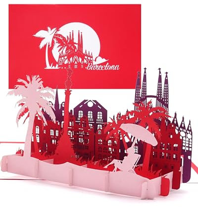Grußkarte „Barcelona“ - 3D Pop Up Karte mit Skyline & Sagrada Familia – Städtekarte als Souvenir, Einladung & Reisegutschein zum Spanien Urlaub & City Trip Barcelona