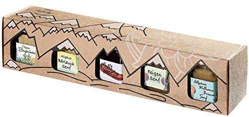 Allgäuer Genuss-Box | 5x Spezialitäten-Gläser: 4x Feinkost-Senf (Bergkräuter, Bärlauch, Feigen, Birnen) & 1x Chili-Paprika-Gelee in der Geschenkbox