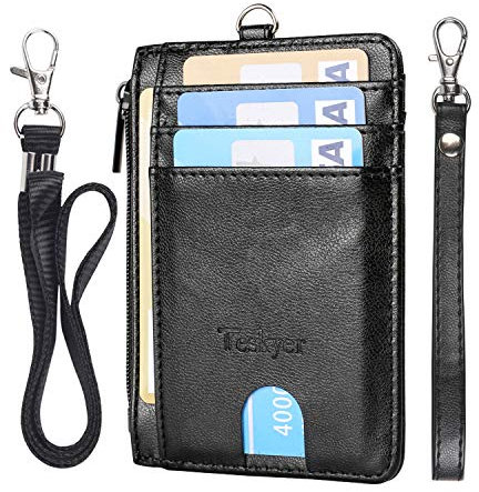 Teskyer Porte Carte Bancaire, Portefeuille en Cuir PU, Porte Carte de Crédit avec Cordon et Bracelet, Protection RFID, Poche Zippée, 6 Emplacements pour Cartes, Noir