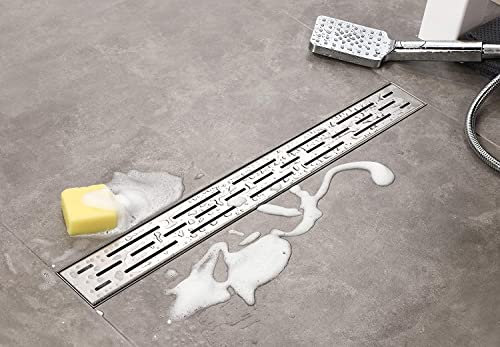 Elbe Duschrinne 70cm Extra Flach 304 Edelstahl Bodenablauf mit 3-reihig-Schlitzm Muster Glasabdeckung Komplettset Haarsieb Bodenablauf, Siphon mit Geruchsstop