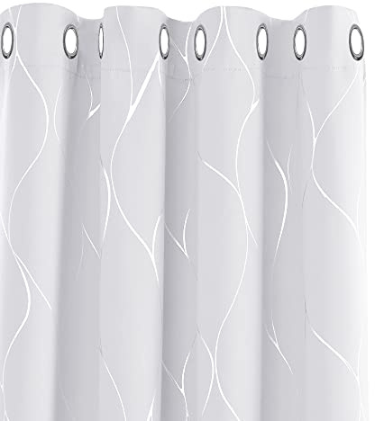 Deconovo Home Decoration Blackout Curtains, Ring Top Curtains, Thermal Insulated Curtains Wave Line Foil Printed Curtains for Bedroom, 66 x 90 Inch(Width x Length), Silver Grey, one pair
