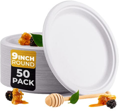 BEELEEVE Platos de Papel Desechables para Bagazo - Fibra de Caña de Azúcar Biodegradable, Compostable y Sostenible - Paquete de 50 - Blanco - (23 cm)