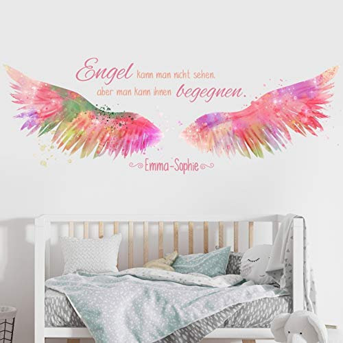 tjapalo® v122 Baby Wandtattoo Mädchen Name Wandtattoo Engelsflügel Wandtattoo Mädchenzimmer Spruch Engel kann man nicht sehen mit Namen, Größe: B150xH47cm