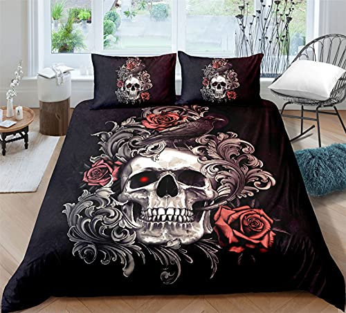 AYMAING Totenkopf & Rosen Bettwäsche Set 135 x 200 cm Schädel Motiv Mikrofaser Kinder Jugendliche mit Reißverschluss Gotisch Motiv Kinder-Bettwäsche-Set - Geschenk-Idee
