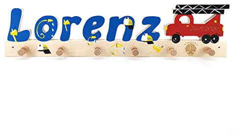 Kindergarderobe - Kleiderhaken Kinder - Holz mit Name (Feuerwehr)