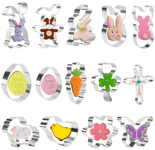 Crethink Easter Cookie Cutters Set - Butterfly, Egg, Rabbit Face, Bunny, Chick, Flower, Chick Out of The Shell, Carrot Shapes Biscuit Cutters 14 Pieces Stainless Steel