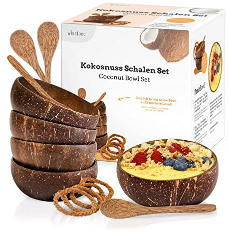 wisefood Cuenco de coco – Juego de 4 cuencos de coco – Cuenco de coco sostenible con cuatro cucharas – Ideal para smoothie o Buda Bowls – 100% natural y biodegradable
