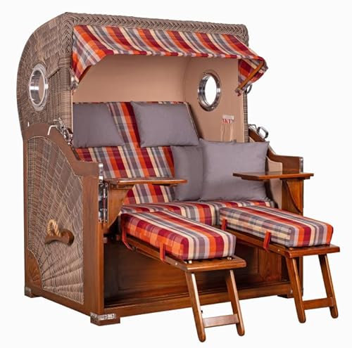 MR. DEKO® Strandkorb Baltikum 2,5-Sitzer Mahagoni | PE Geflecht Grey | Volllieger mit Bullaugen | je 2 Fußablagen, Kissen und Nackenkissen | Strandstuhl aus Mahagoniholz (Dessin 584)