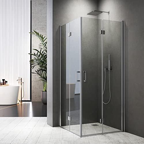 Scharnier Duschabtrennung Glas Komplett 120 x 120cm Duschkabine Drehfalttür 120x120 Falttür Eckeinstieg Drehfalttür 180° Dusche Duschkabine Komplett 6mm NANO Glas Höhe 195cm