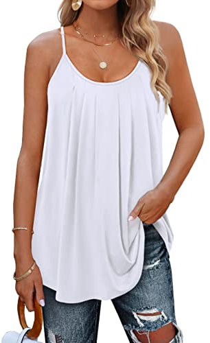 Minetom Damen Spaghetti Top Sommer Locker Tunika Ärmellose Oberteile Spaghettiträger Tank Tops Plissierte Vorderseite Ohne Ärmel Elegant Lose T-Shirt Bluse mit Plissee B Weiß XL
