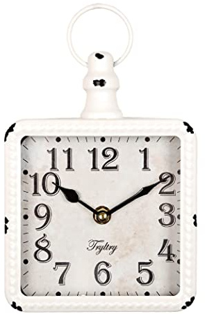 TRYLTRY Rechteckige kleine Wanduhr, batteriebetrieben, lautlos, Vintage-Dekoration, Wanduhr, antikes altes Design, für Bauernhaus, Küche, Schlafzimmer, Badezimmer, weiß, rechteckig