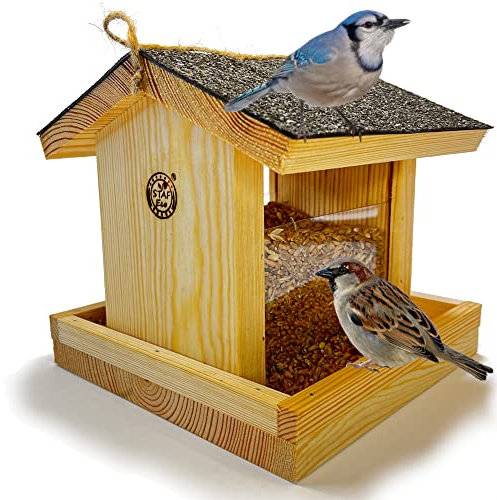 STAFECO Holz Vogelfutterhaus zum Aufhängen wetterfest großes Futterreservoir, stabiles Dach mit Kette & aufklappbarem Deckel Vogelhaus
