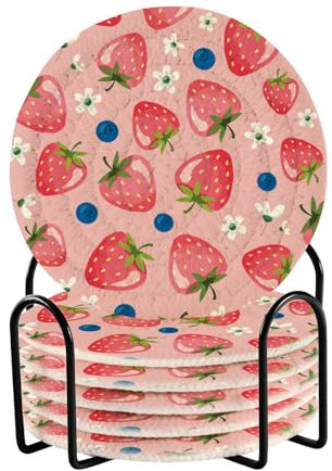 Untersetzer für Getränke, Erdbeere, Blumenmuster, 6 Stück, mit Halter, Untersetzer, Einweihungsgeschenk für Heimdekoration