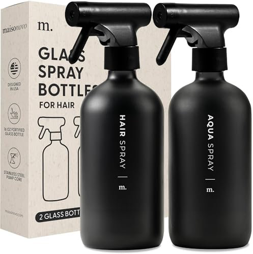 MaisoNovo Hair Spray Bottle Set of 2 - Black 500ml Glass Spray Bottle and Refillable Empty Spray Bottles - with 16 Labels