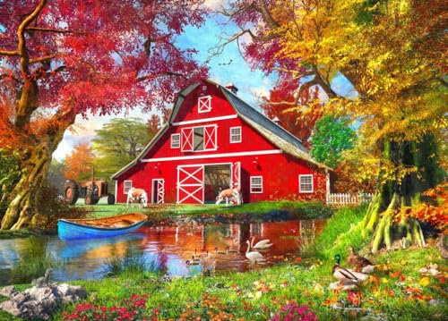 Bluebird Puzzle - Sonniger Herbst bei der Scheune - Puzzle 1500 Teile - Traditionelle, idyllische Bauernhofszene mit Fluss und Tieren - Erwachsenenpuzzle