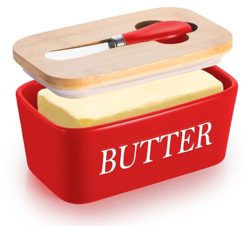 Osrioal Butter Dish with Lid, 650ml Ceramic Butter Dish, Porcelain Butter Container with Silicone Seals Cover and Knife, Ceramic Airtight Butter Keeper for Counter (Red) 