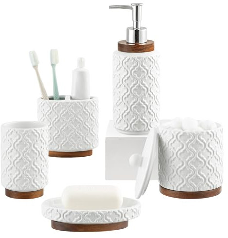 RQYIXI Badezimmer-Zubehör-Set, Zahnbürstenhalter, Seifenspender, Keramik-Badezimmer-Set mit Wattestäbchenbehälter, Zahnputzbecher, Seifenschale, Becher, 5-teilig