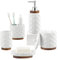 RQYIXI Ensemble d’accessoires de salle de bain 5 pièces en céramique et bois avec porte-brosse à dents, distributeur de savon, gobelet, porte-savon, pot à cotons-tige
