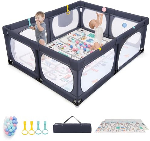 DREAMADE Laufstall Baby, 189 x 158 cm Laufgitter mit Matratze & 4 Zugringen & 50 Ocean Bällen & Tragetasche, Großes Schutzgitter für Baby & Kleinkinder 0-3 Jahren (mit Matratze,Dunkelgrau)