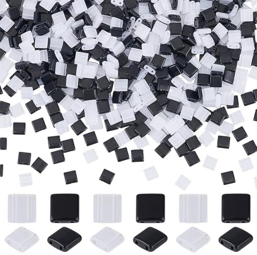 SUNNYCLUE 1 scatola 600 pezzi Perline A 2 fori Perline Quadrate Piatte Acriliche Sfuse Nero Bianco Grande Mezza Piastrella Opaca Distanziatore Perline Perline per Creazione di Gioielli Collana Braccia