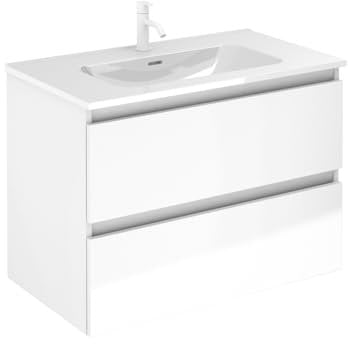 EstiloBaño - Aurora | Conjunto Mueble de Baño SUSPENDIDO con 2 Cajones + Lavabo | Disponible 60-80-100 + Blanco - Nogal 【Ancho 60】 【Blanco Brillo】
