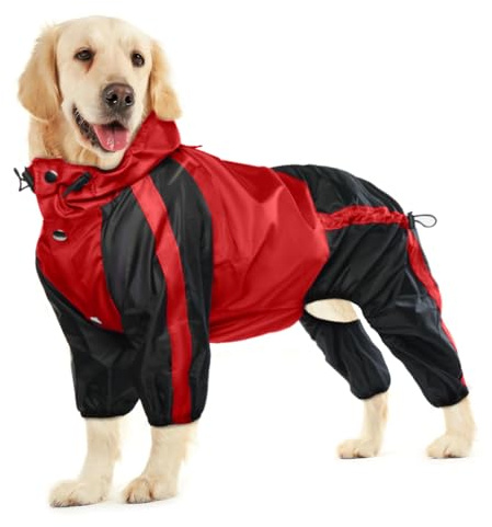 OUOBOB Hund Regenmantel, wasserdichte Hund Regenmantel für große Hunde, Leichte Regenjacke, Einstellbare 4-Beine Haustier Poncho mit Kapuze, Schneefeste Hund Weste Regenbekleidung