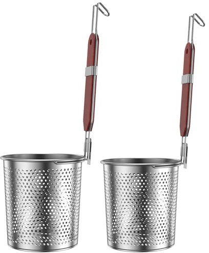 Sutowe 2Pcs Stainless Steel Pasta Basket with Wooden Handle 2 Sizes Mesh Pasta Strainer Hangable Spaghetti Basket Dishwasher Safe Noodle Colander Skimmer for Pasta, Noodles, Dumpling, Ravioli